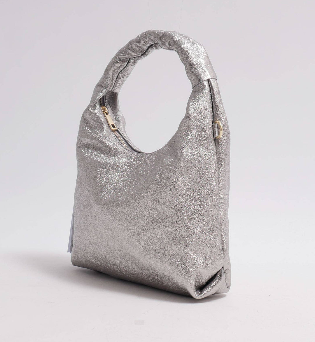 Annie Glänzende Lederhandtasche in Silber