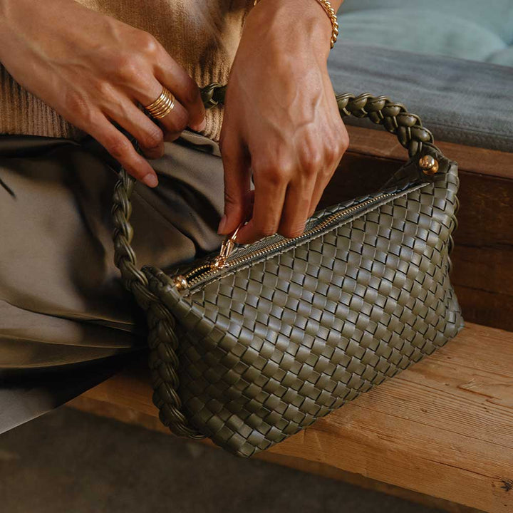 Melie Bianco Alma Olive handle bag made from recycled vegan material