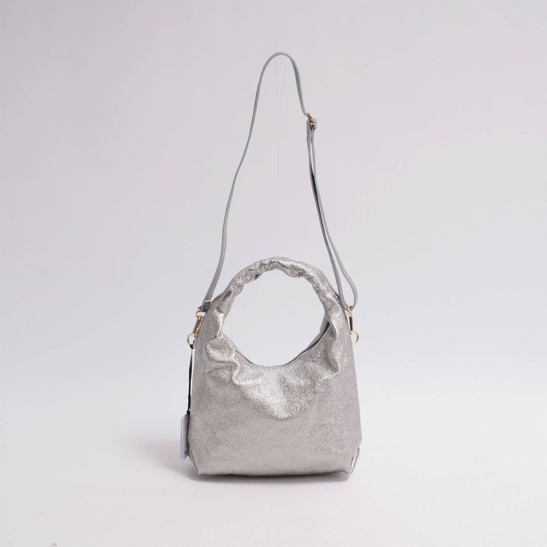 Annie Glänzende Lederhandtasche in Silber