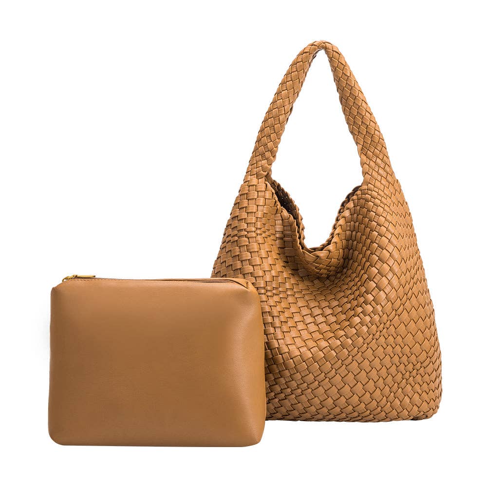 Melie Bianco Johanna large shoulder bag made from recycled vegan material in camel