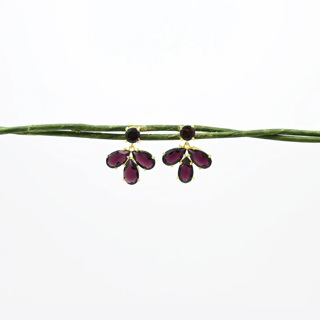 Wide flower earrings with rhodolite