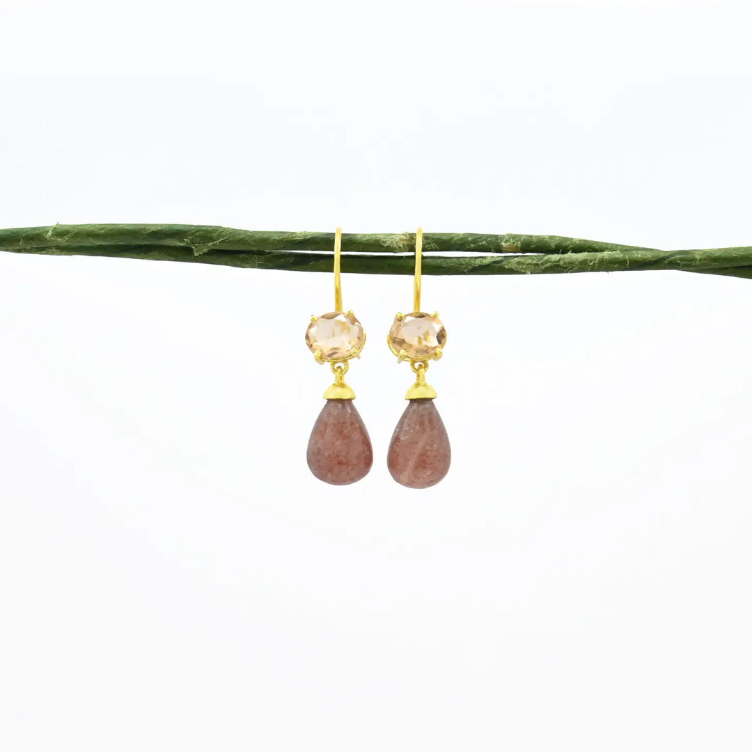 Dew Drop Earring with Morganite and Strawberry Quartz