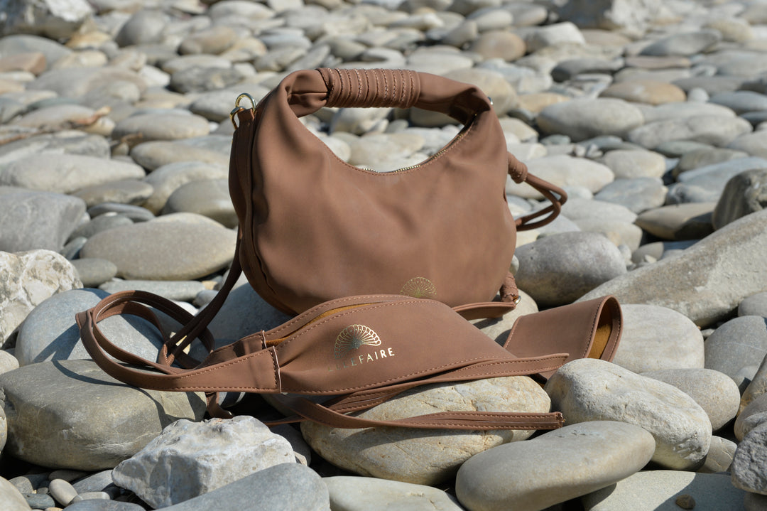 Sienna Crossbody handbag made from recycled vegan material in Dark Caramel