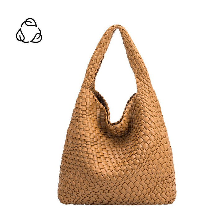 Melie Bianco Johanna large shoulder bag made from recycled vegan material in camel