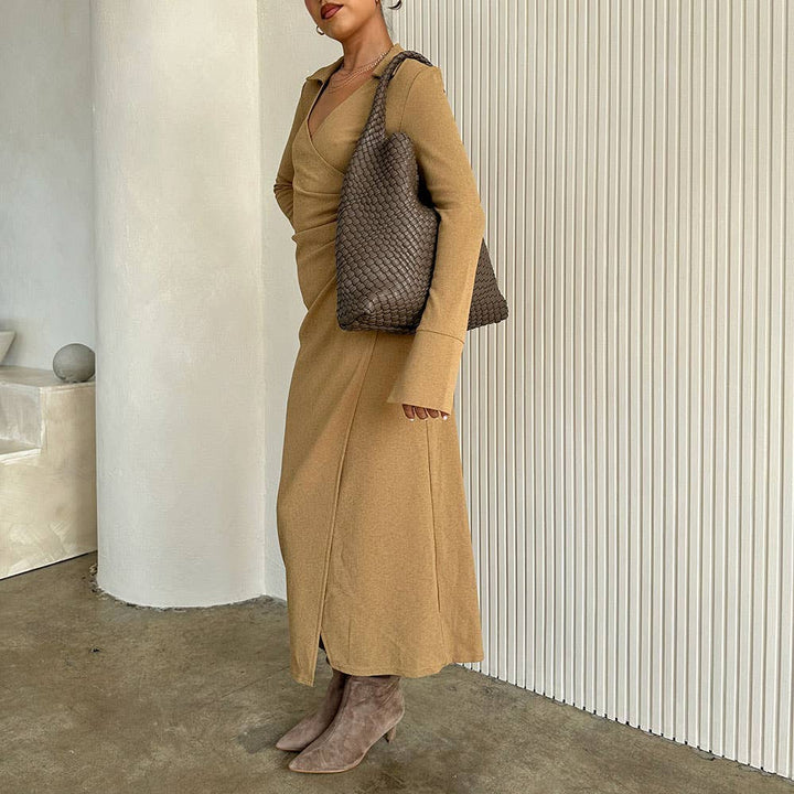 Melie Bianco Johanna large shoulder bag made from recycled vegan material in camel