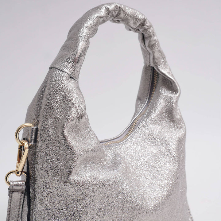 Annie Glänzende Lederhandtasche in Silber