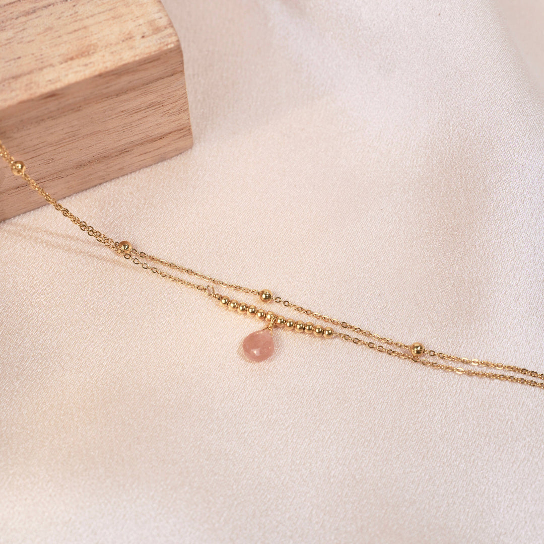 Rose double row fine chain bracelet with rose quartz