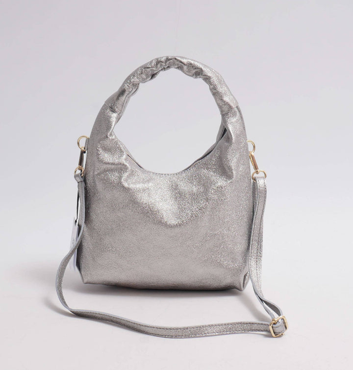 Annie Glänzende Lederhandtasche in Silber