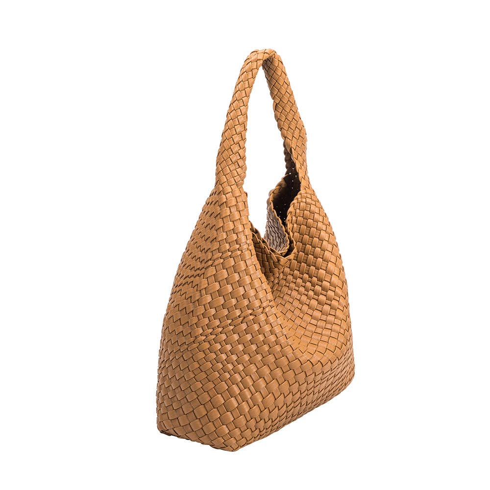 Melie Bianco Johanna large shoulder bag made from recycled vegan material in camel