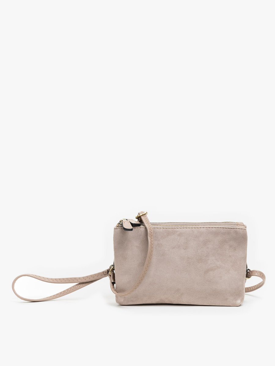 Miley Umhängetasche und Clutch aus veganem Veloursleder in Light Grey