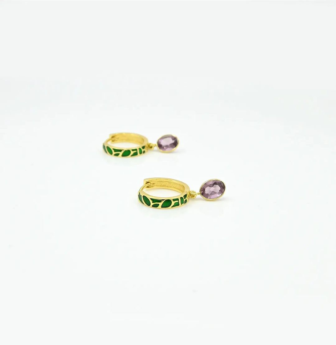 Hand-enamelled hoop earrings gold - rhodolite