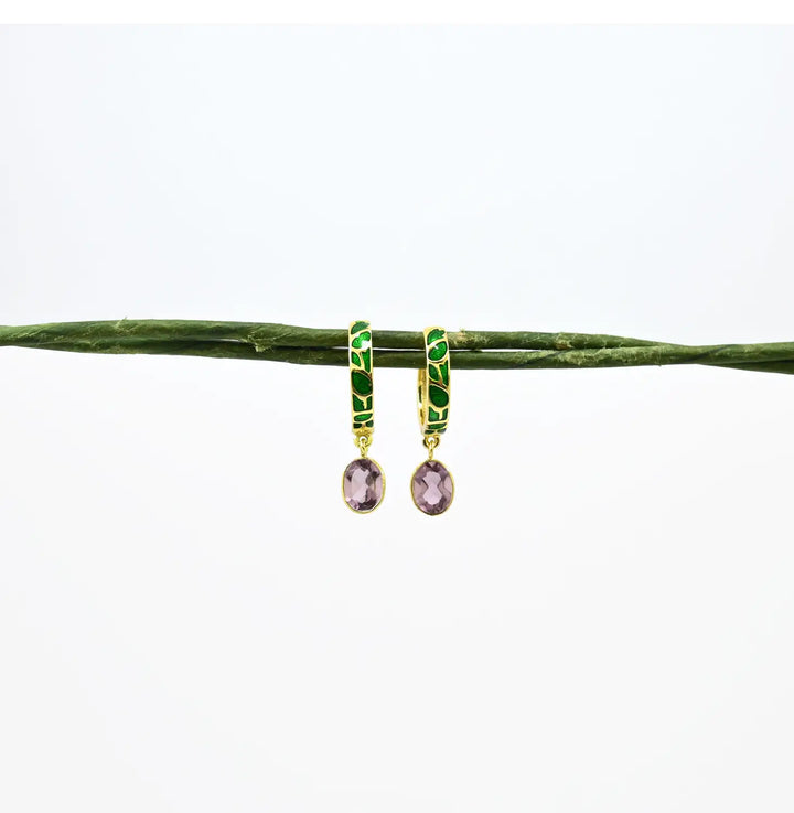 Hand-enamelled hoop earrings gold - rhodolite