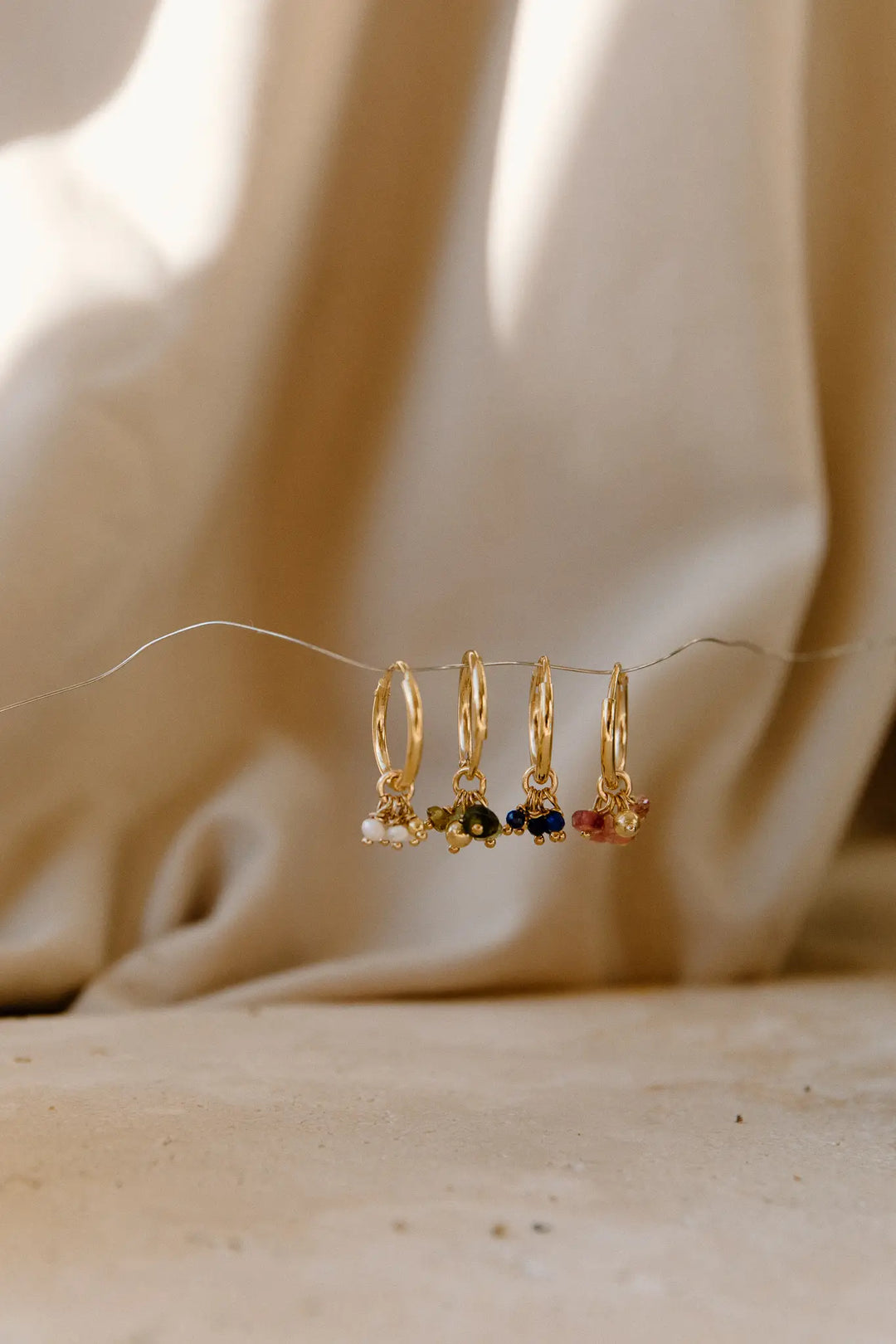 Beautiful mini hoop earrings with semi-precious stones, handmade