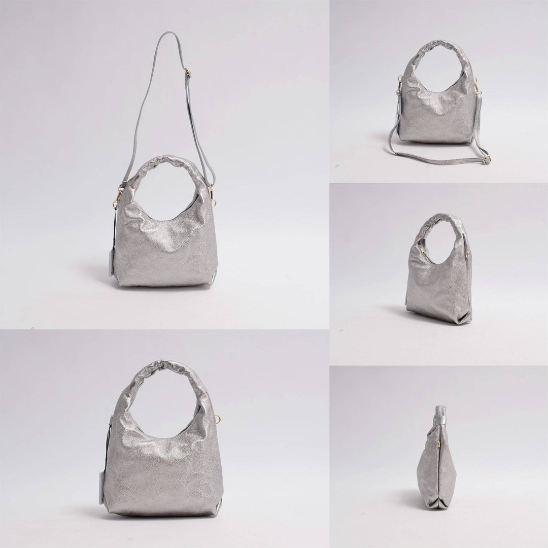 Annie Glänzende Lederhandtasche in Silber